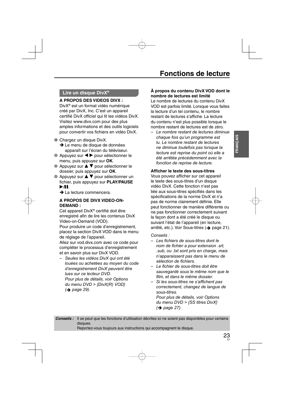 Fonctions de lecture | Panasonic DVDS38 User Manual | Page 57 / 216