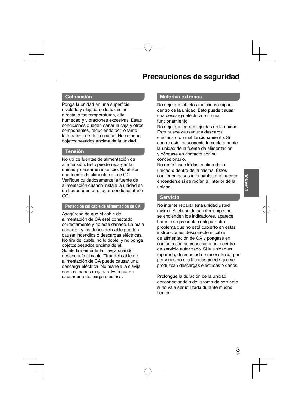 Precauciones de seguridad | Panasonic DVDS38 User Manual | Page 71 / 216