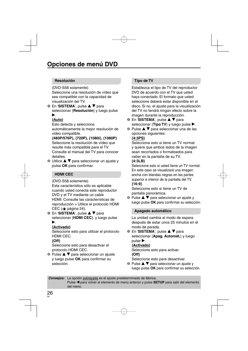 Opciones de menú dvd | Panasonic DVDS38 User Manual | Page 94 / 216