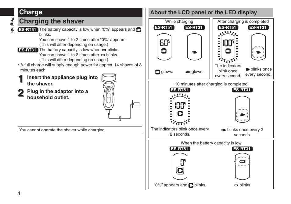 Charge charging the shaver | Panasonic ESRT51 User Manual | Page 4 / 108