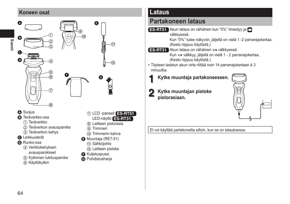 Lataus partakoneen lataus, Koneen osat | Panasonic ESRT51 User Manual | Page 64 / 108