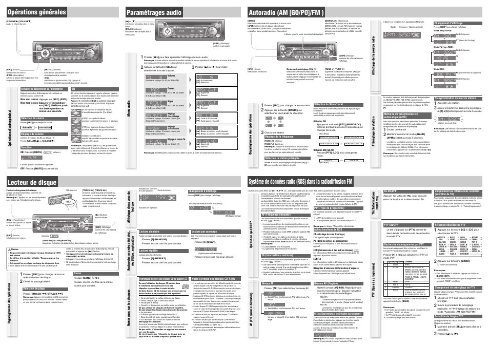 Paramétrages audio, Opérations générales, Autoradio (am [go/po]/fm ) | Lecteur de disque, Opérations d'ordre général, Menu audio, Organigramme des opérations, Préréglage de station, Affichage de la source radio, Remarques sur les disques | Panasonic CQC1011NW User Manual | Page 2 / 4