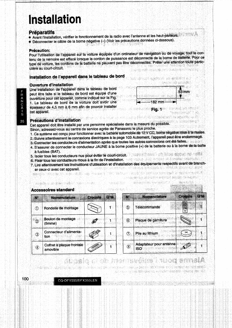 Installation, Précautions d’installation, Accessoires standard | Préparatifs | Panasonic CQDFX555 User Manual | Page 100 / 236