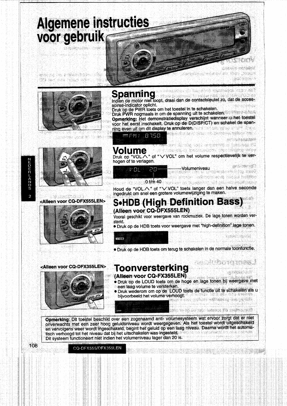 Algemene instruct voor gebruik, Volume, S*hdb (high definition bass) | Toonversterking, Algemene instructies voor gebruik | Panasonic CQDFX555 User Manual | Page 108 / 236