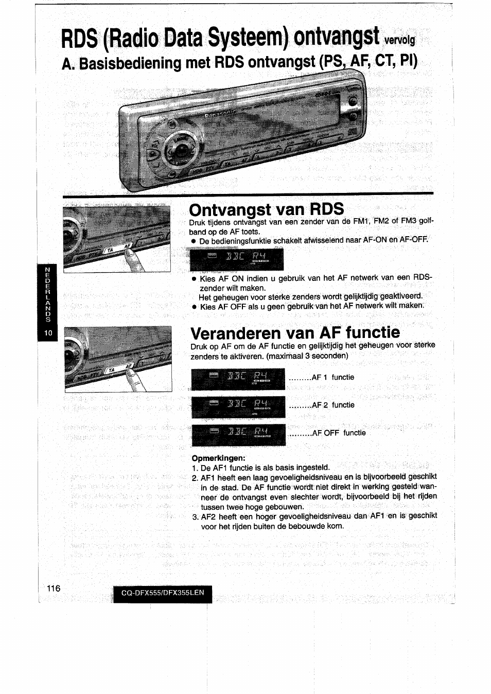Rds (radio data systeem) ontvangst vervoig, Ontvangst van rds, Veränderen van af functie | Panasonic CQDFX555 User Manual | Page 116 / 236