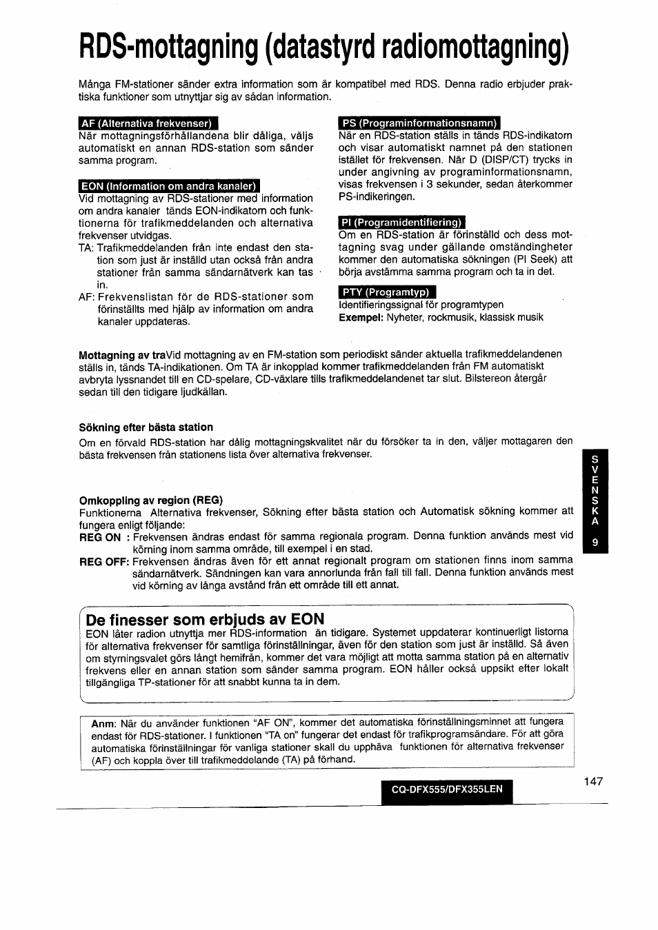 Rds-mottagning (datastyrd radiomottagning), De finesser som erbjuds av eon | Panasonic CQDFX555 User Manual | Page 147 / 236