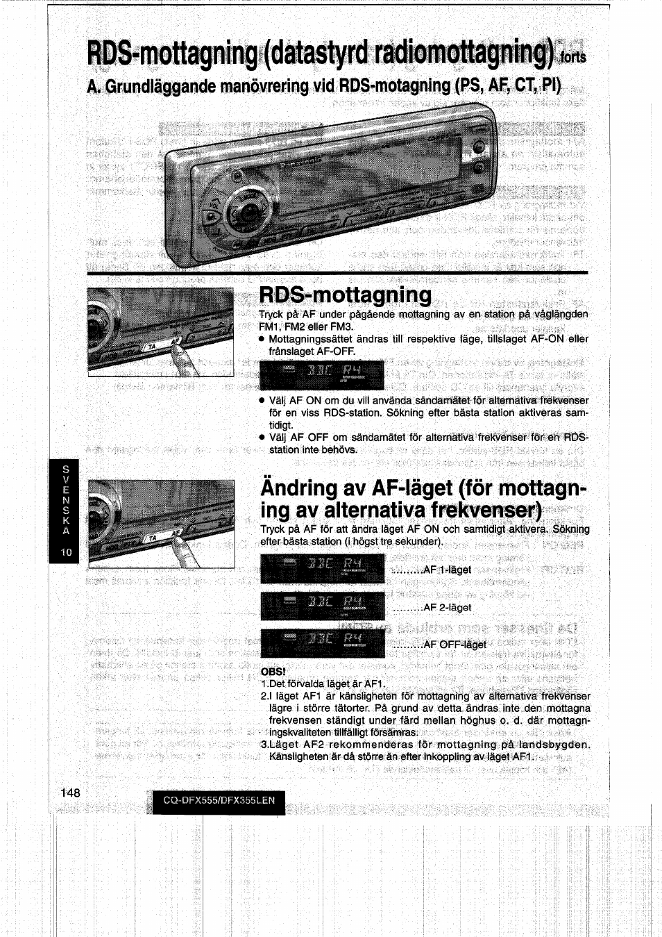 Rds^mottagning, Forts | Panasonic CQDFX555 User Manual | Page 148 / 236