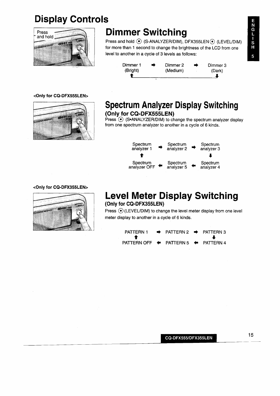Display controls, Dimmer switching, Spectrum analyzer display switching | Level meter display switching, Display controls dimmer switching | Panasonic CQDFX555 User Manual | Page 15 / 236
