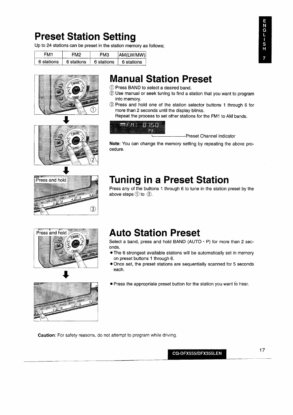 Preset station setting, Manual station preset, Tuning in a preset station | Auto station preset | Panasonic CQDFX555 User Manual | Page 17 / 236