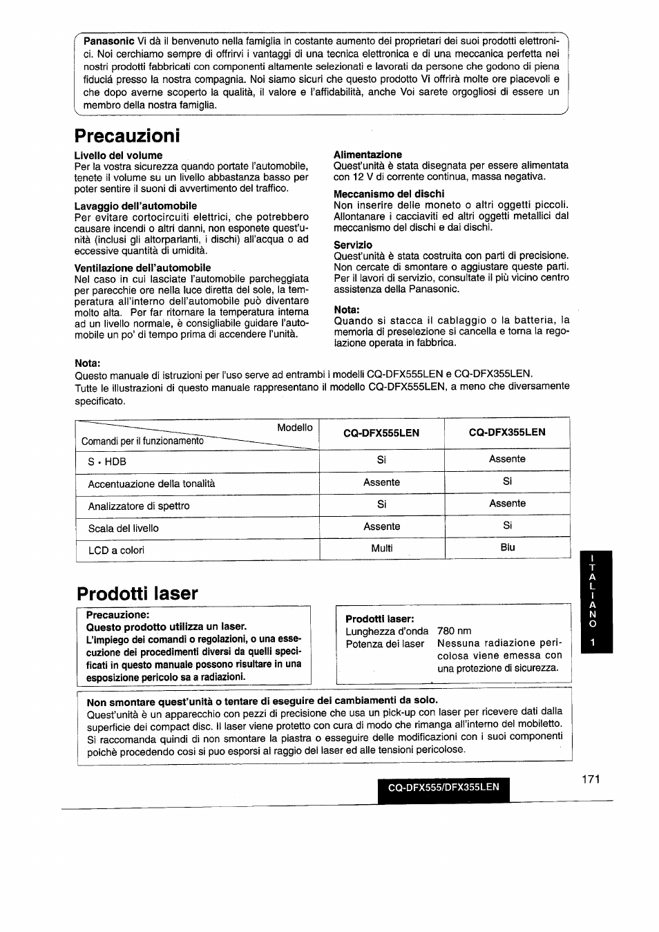 Precauzioni, Prodotti laser | Panasonic CQDFX555 User Manual | Page 171 / 236