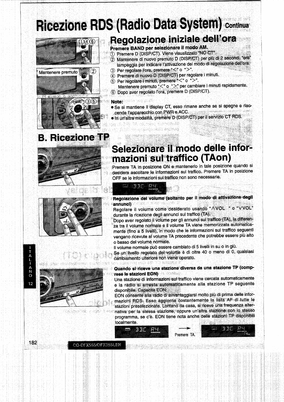 Ricezione rds (radio data system), Regolazione iniziale dell’ora, B. ricezione tp | Panasonic CQDFX555 User Manual | Page 182 / 236
