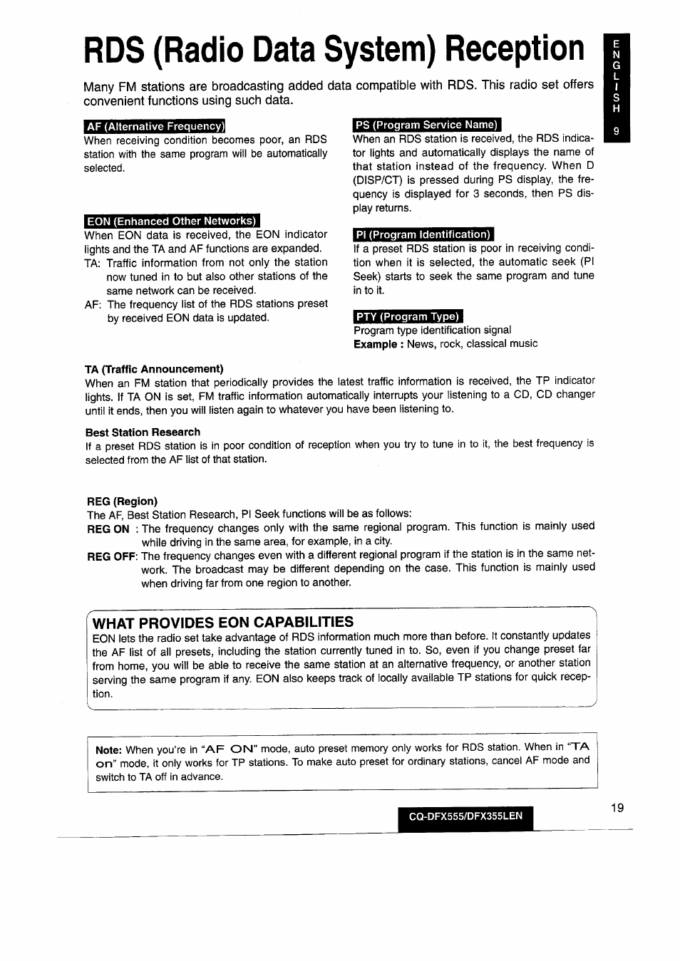 Rds (radio data system) reception, What provides eon capabilities | Panasonic CQDFX555 User Manual | Page 19 / 236