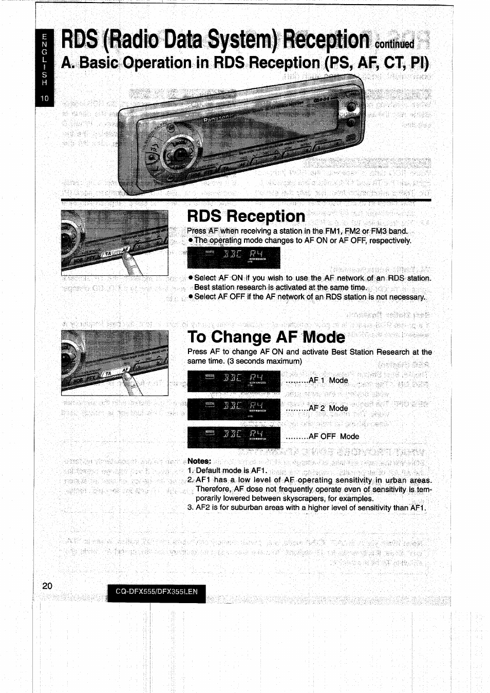 H rds (radio data system) reception, Rds reception, To change af mode | Continued | Panasonic CQDFX555 User Manual | Page 20 / 236