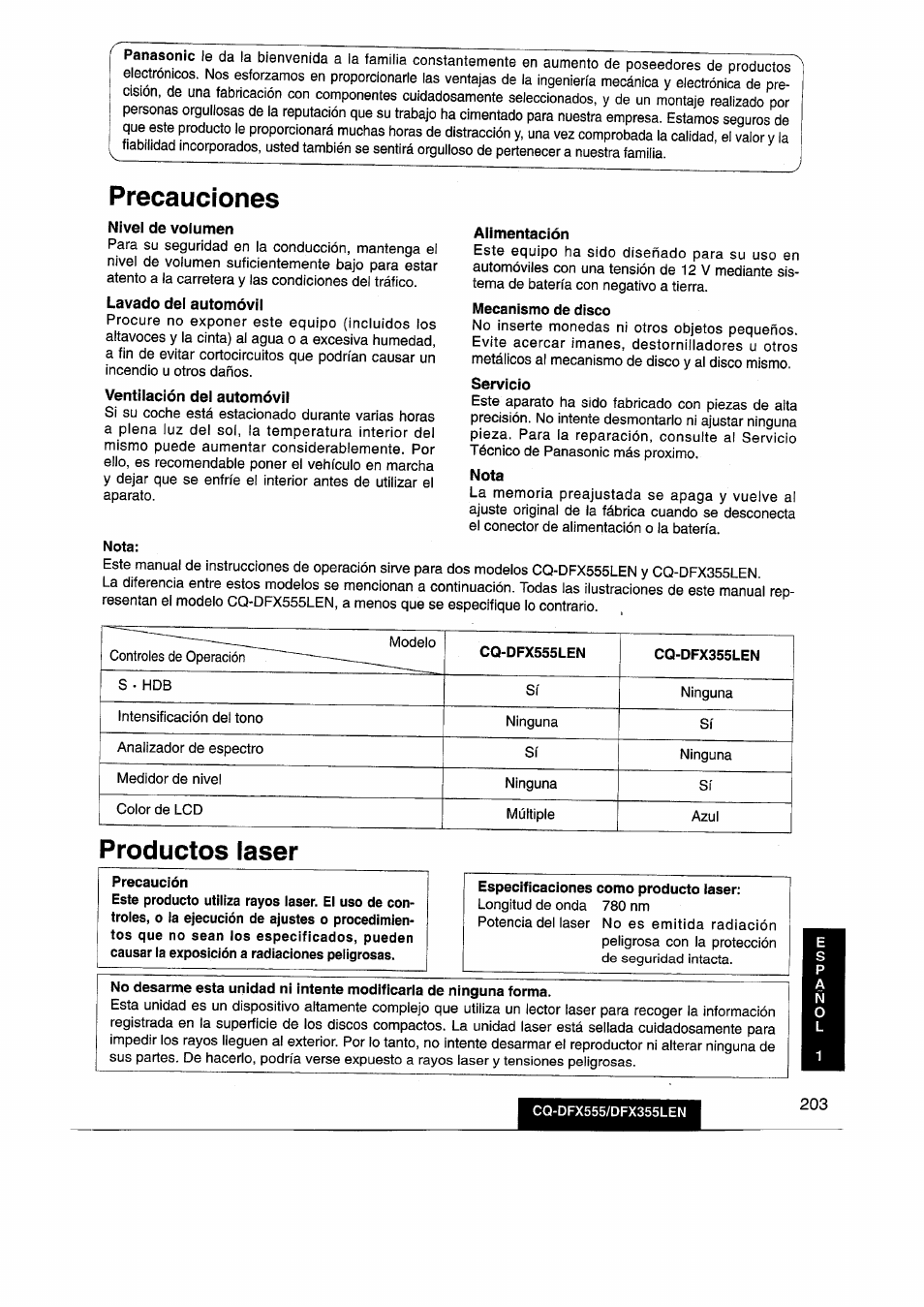 Nivel de volumen, Lavado del automóvil, Ventilación del automóvil | Alimentación, Servicio, Nota, Precauciones, Productos laser | Panasonic CQDFX555 User Manual | Page 203 / 236