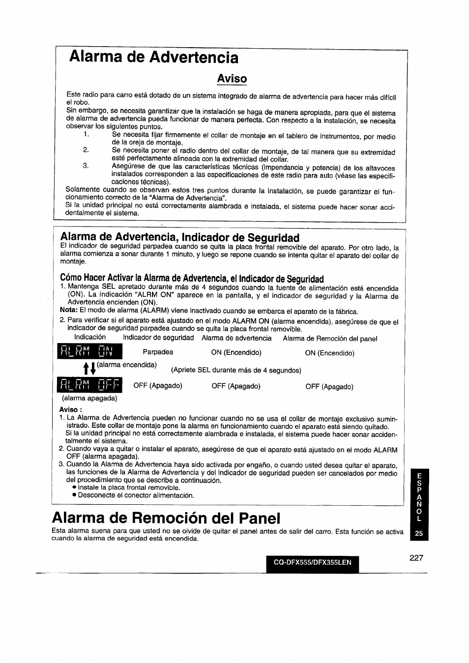 Alarma de advertencia, Alarma de remoción del panel, Aviso | Alarma de advertencia, indicador de seguridad | Panasonic CQDFX555 User Manual | Page 227 / 236
