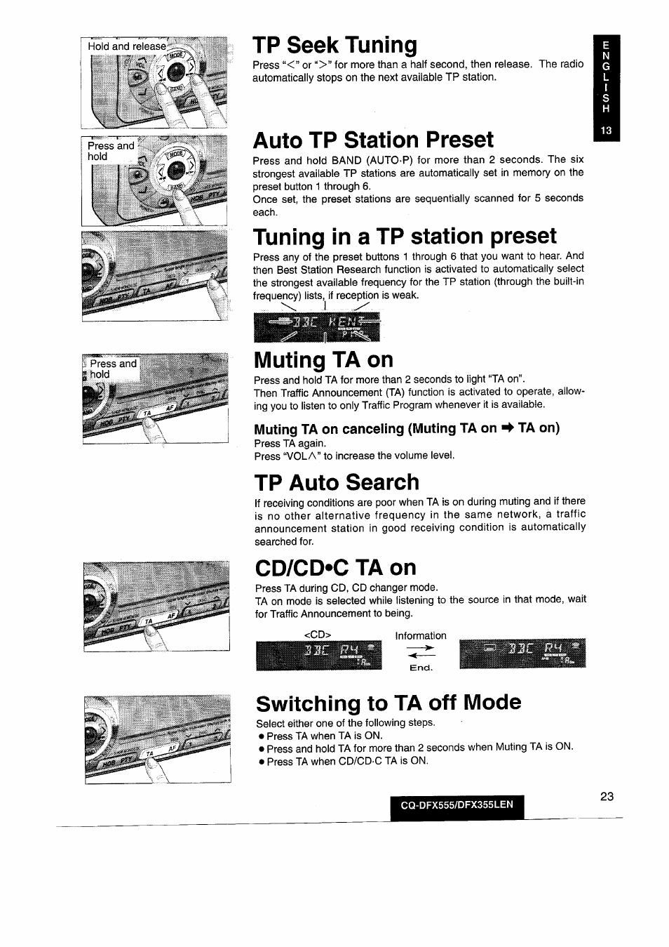 Tp seek tuning, Auto tp station preset, Tuning in a tp station preset | Muting ta on, Muting ta on canceling (muting ta on ^ ta on), Tp auto search, Cd/cd»c ta on, Switching to ta off mode | Panasonic CQDFX555 User Manual | Page 23 / 236