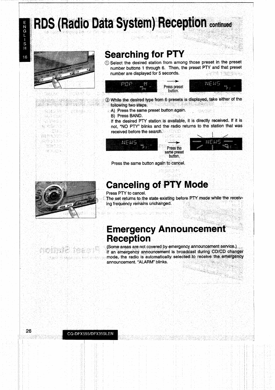 Rds (radio data system) reception, Searching for pty, Canceling of pty mode | Emergency announcement reception, Continued | Panasonic CQDFX555 User Manual | Page 26 / 236