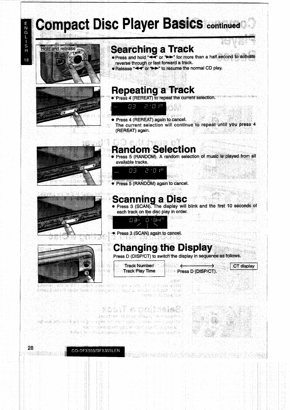 Compact disc player basics, Searching a track, Repeating a track | Random selection, Scanning a disc, Changing the display, Continued | Panasonic CQDFX555 User Manual | Page 28 / 236