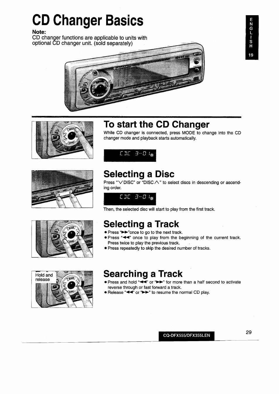 Cd changer basics, Note, To start the cd changer | Selecting a disc, Selecting a track, Searching a track | Panasonic CQDFX555 User Manual | Page 29 / 236