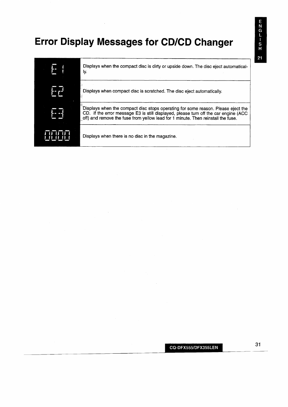 Error display messages for cd/cd changer | Panasonic CQDFX555 User Manual | Page 31 / 236