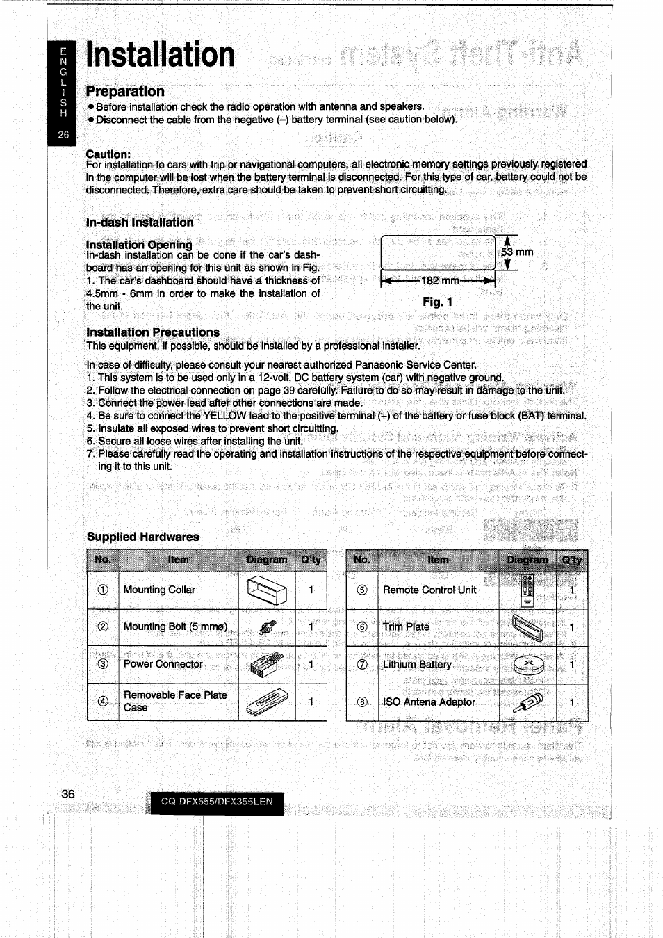 Installation, Caution, In-dash installation installation opening | Installation precautions, Supplied hardwares, Preparation | Panasonic CQDFX555 User Manual | Page 36 / 236