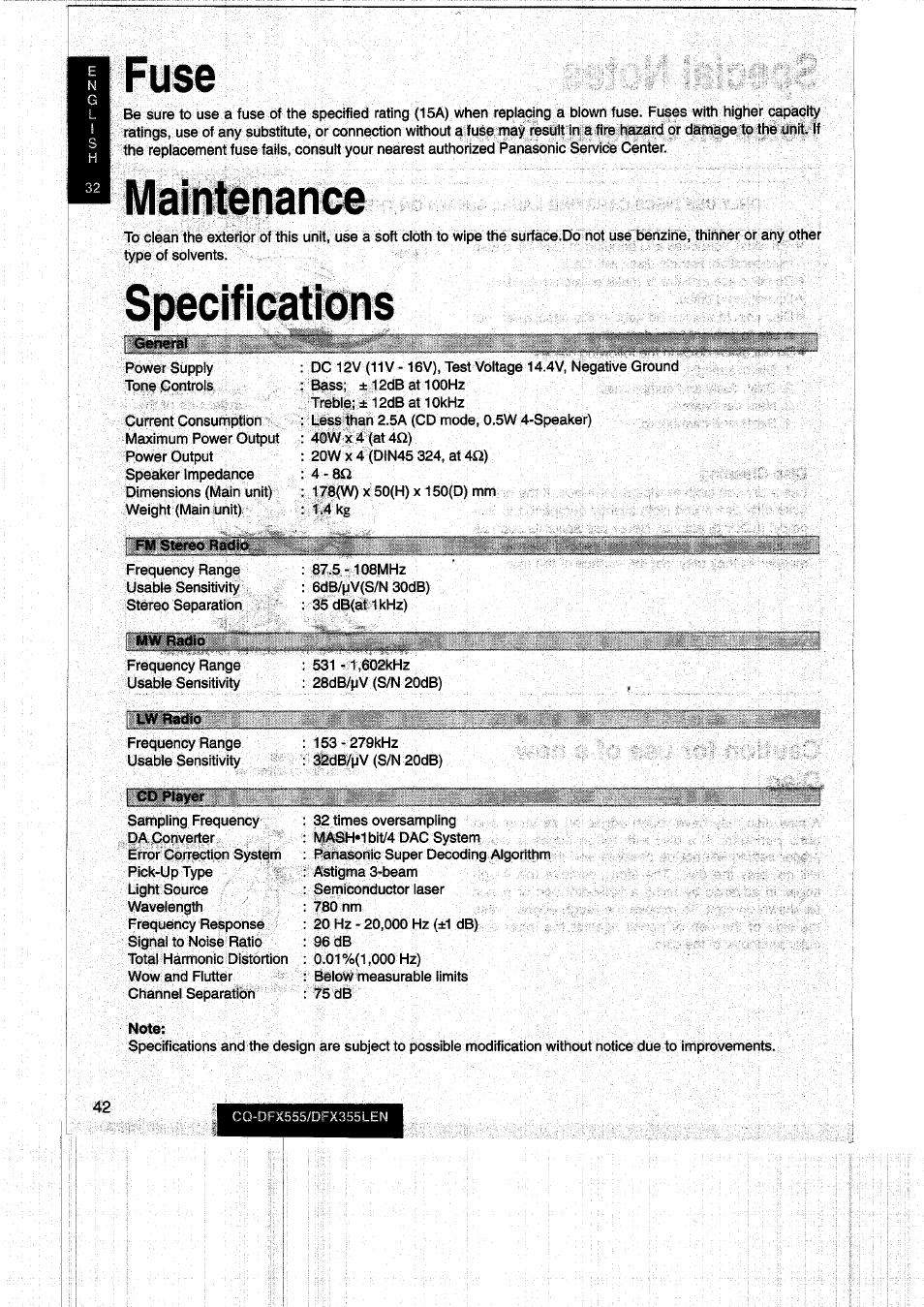 Fuse, Maintenance, Specifications | Fuse maintenance specifications | Panasonic CQDFX555 User Manual | Page 42 / 236