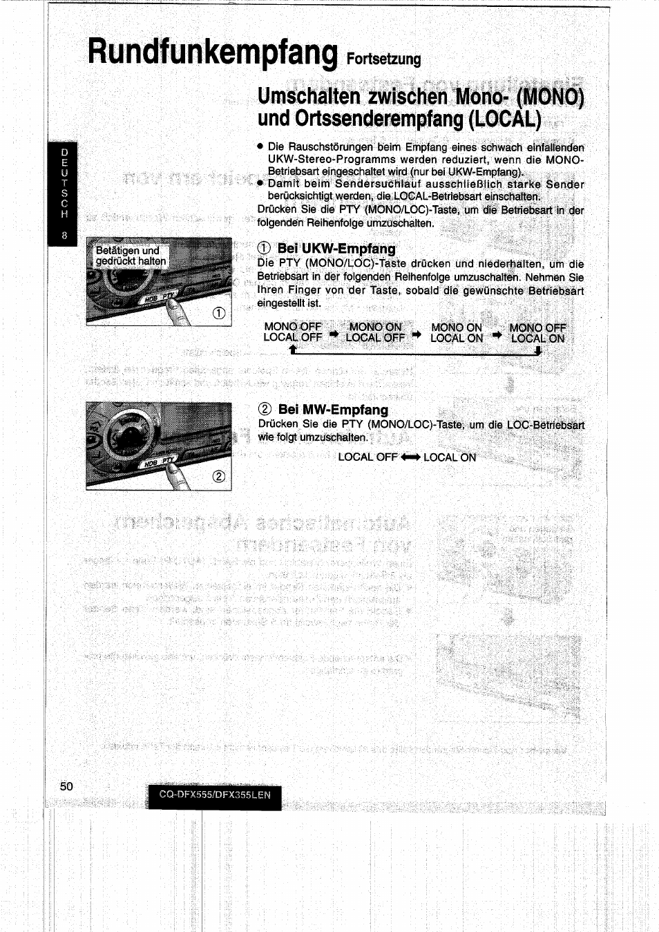Rundfunkempfang, 0 bei ukw-empfang, 0 bei mw-empfang | Fortsetzung | Panasonic CQDFX555 User Manual | Page 50 / 236