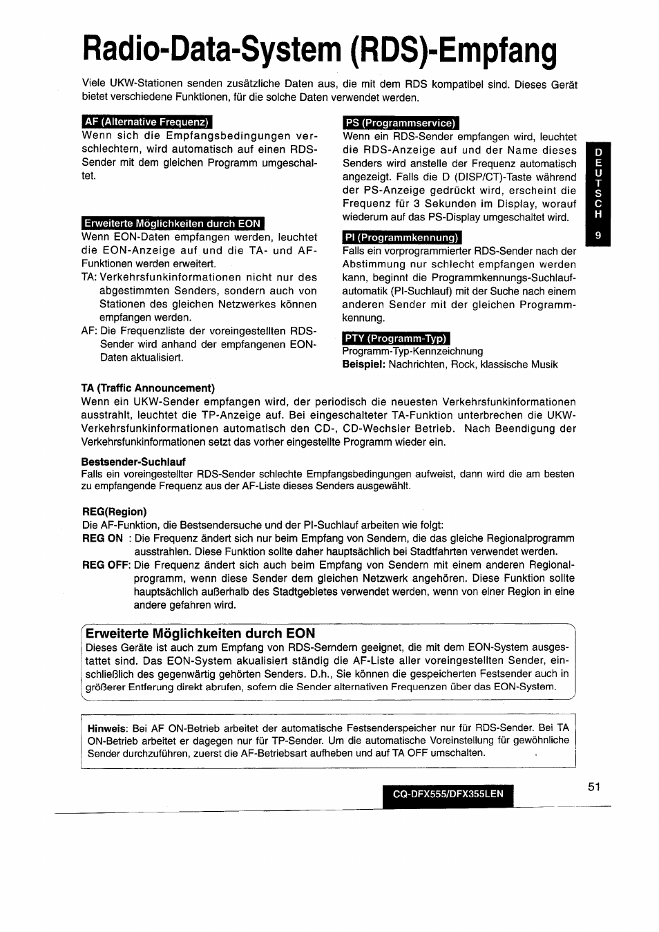 Erweiterte möglichkeiten durch eon, Radio-data-system (rds)-empfang | Panasonic CQDFX555 User Manual | Page 51 / 236