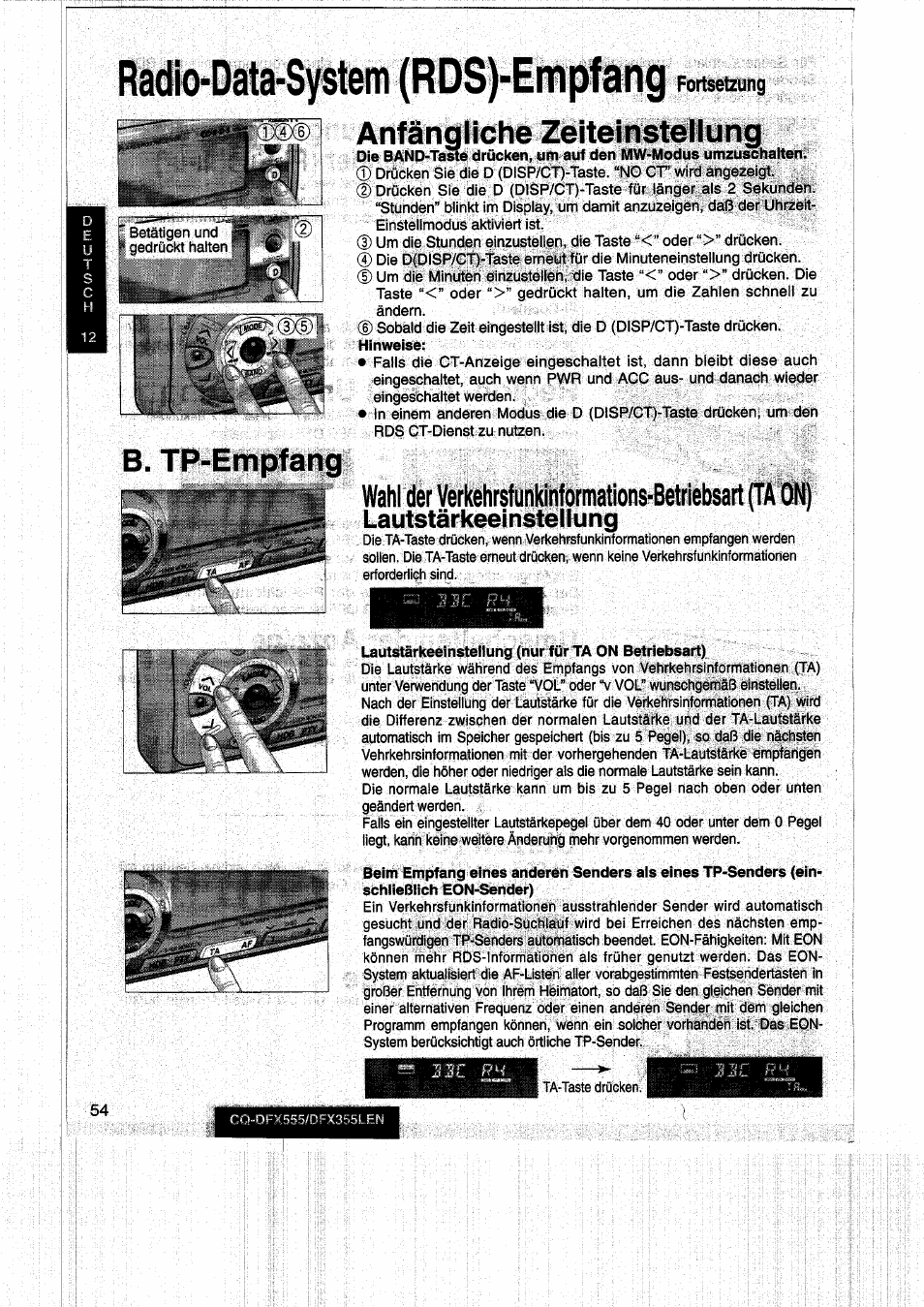 Anfängliche zeiteinstellung, B. tp-empfang, Radio-data-system (rds)-empfang forts^bung | Lautstärkeeinstellung | Panasonic CQDFX555 User Manual | Page 54 / 236