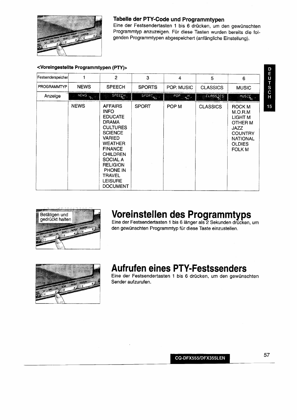 Tabelle der pty-code und programmtypen, Voreinstellen des programmtyps, Aufrufen eines pty-festssenders | Panasonic CQDFX555 User Manual | Page 57 / 236
