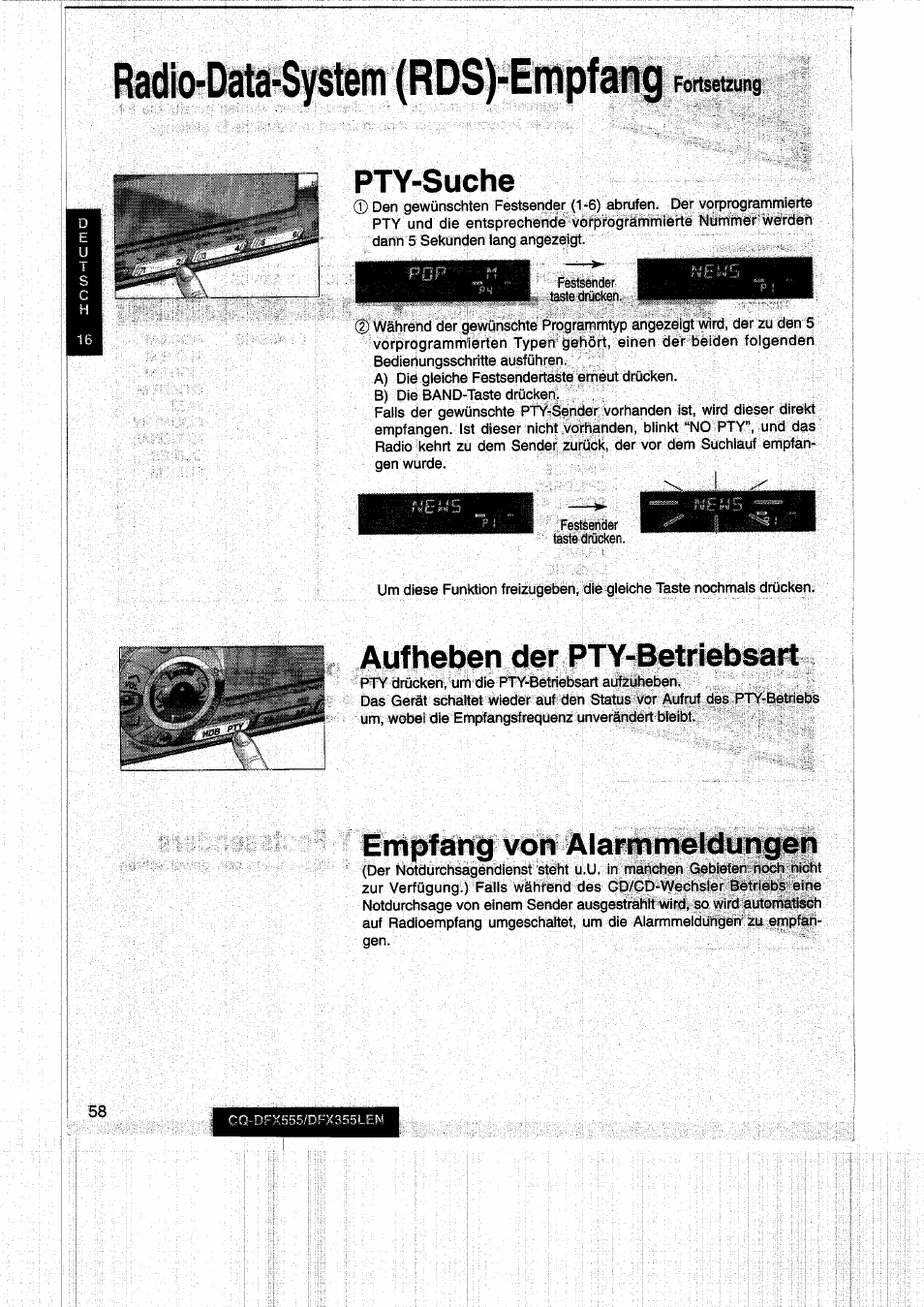Pty-suche, Aufheben der pty-betriebsart, Empfang von alarmmeldungen | Fortsetzung | Panasonic CQDFX555 User Manual | Page 58 / 236