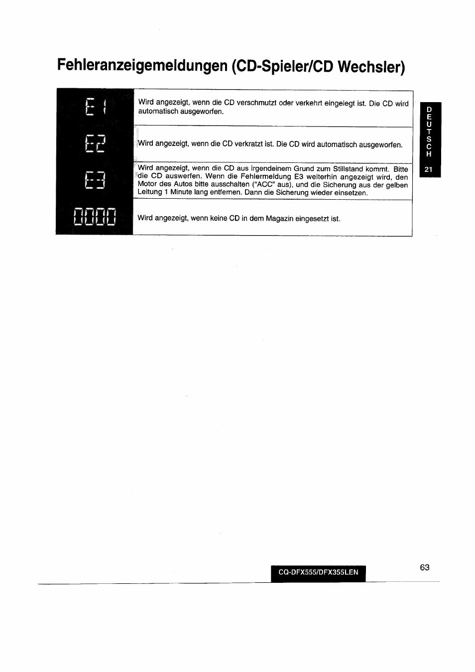 Fehleranzeigemeldungen (cd-spieler/cd wechsler) | Panasonic CQDFX555 User Manual | Page 63 / 236