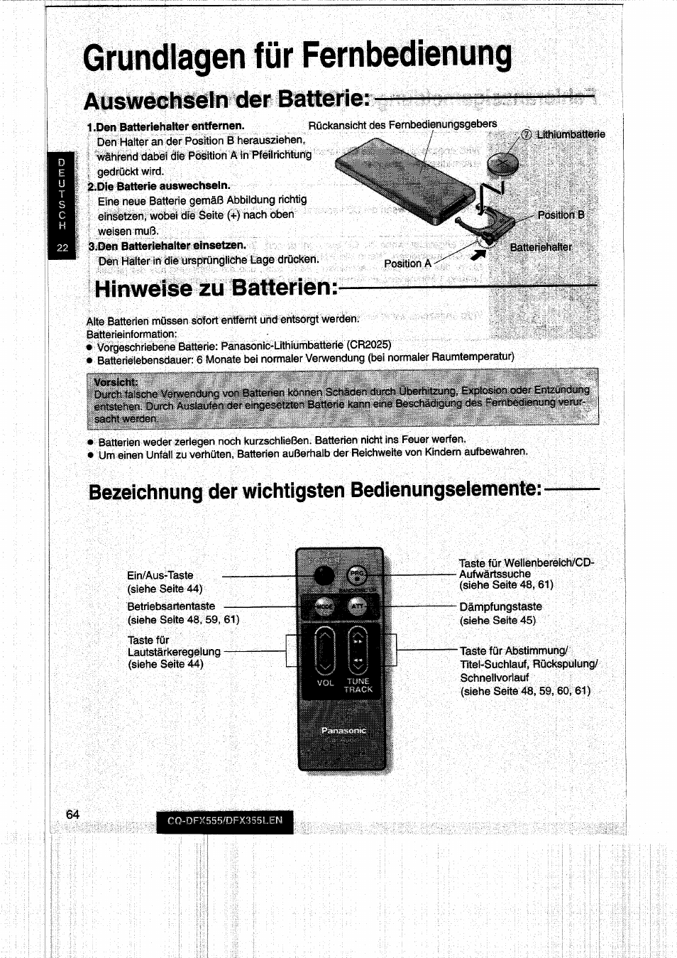 Grundlagen für fernbedienung, Auswechseln der batterie, Hinweise zu batterien | Bezeichnung der wichtigsten bedienungseiemente | Panasonic CQDFX555 User Manual | Page 64 / 236