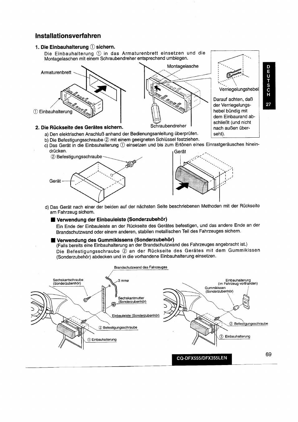 Die rückseite des gerätes sichern, Verwendung der einbauleiste (sonderzubehör), Verwendung des gummikissens (sonderzubehör) | Panasonic CQDFX555 User Manual | Page 69 / 236
