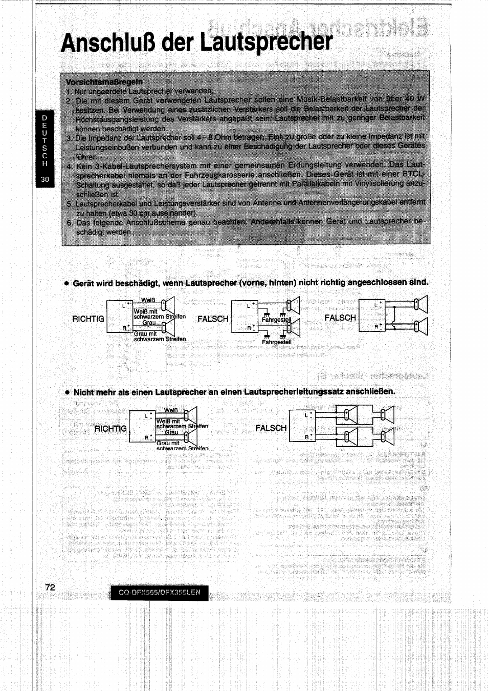 Anschluß der lautsprecher | Panasonic CQDFX555 User Manual | Page 72 / 236