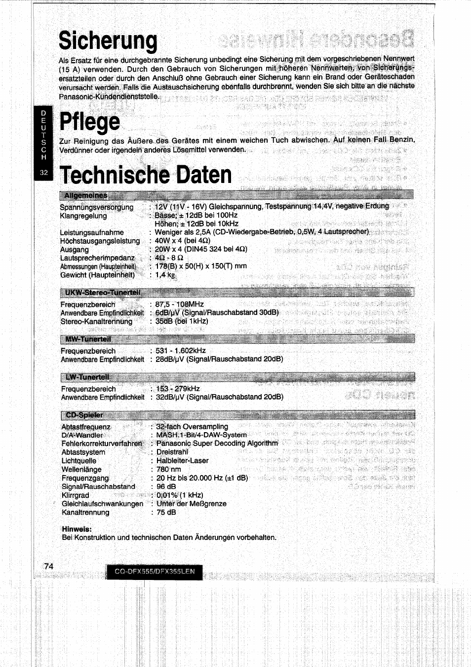 Sicherung, Pflege, Technische daten | Sicherung pflege technische daten | Panasonic CQDFX555 User Manual | Page 74 / 236