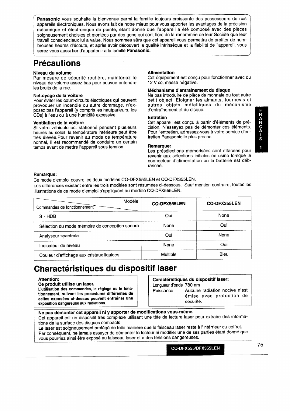 Précautions, Charactéristiques du dispositif iaser | Panasonic CQDFX555 User Manual | Page 75 / 236
