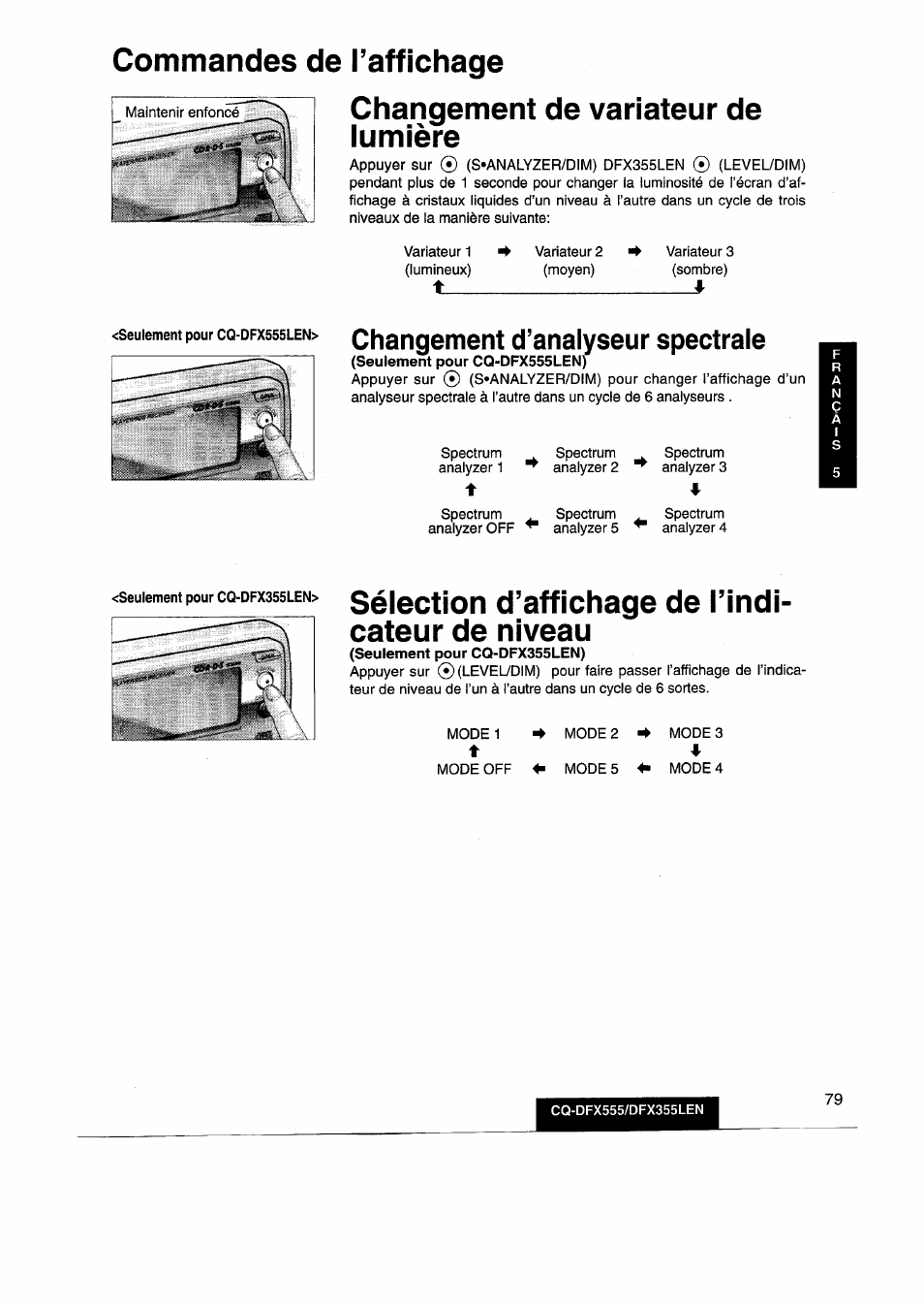 Commandes de l’affichage, Changement de variateur de lumière, Sélection d’affichage de l’indicateur de niveau | Sélection d’affichage de l’indi­ cateur de niveau, Changement d’analyseur spectrale | Panasonic CQDFX555 User Manual | Page 79 / 236