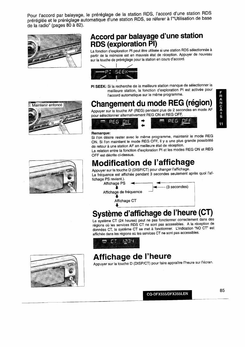 Changement du mode reg (région), Modification de l’affichage, Système d’affichage de l’heure (ct) | Affichage de l’heure | Panasonic CQDFX555 User Manual | Page 85 / 236