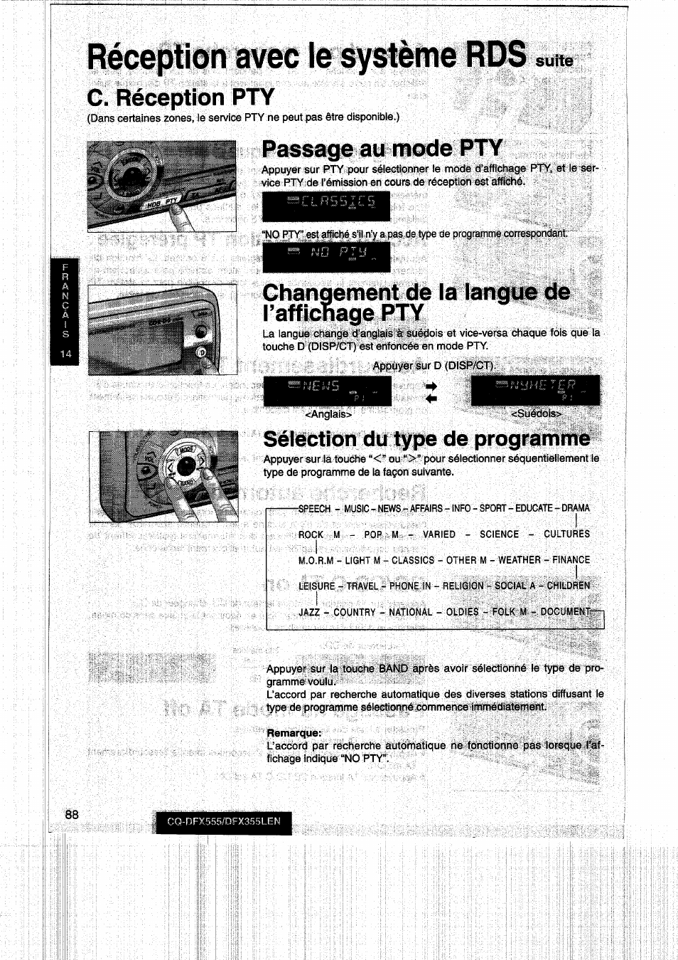 Avec, C. réception pty, Passage au mode pty | Changement de la langue de l’affichage pty, Sélection du type de programme | Panasonic CQDFX555 User Manual | Page 88 / 236