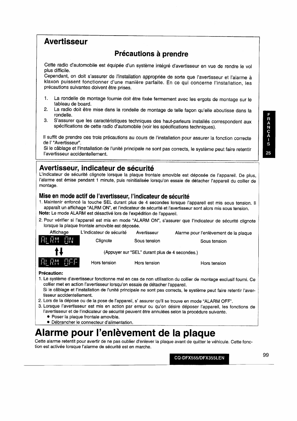 Alarme pour l’enlèvement de la plaque, Avertisseur, Précautions à prendre | Avertisseur, indicateur de sécurité | Panasonic CQDFX555 User Manual | Page 99 / 236