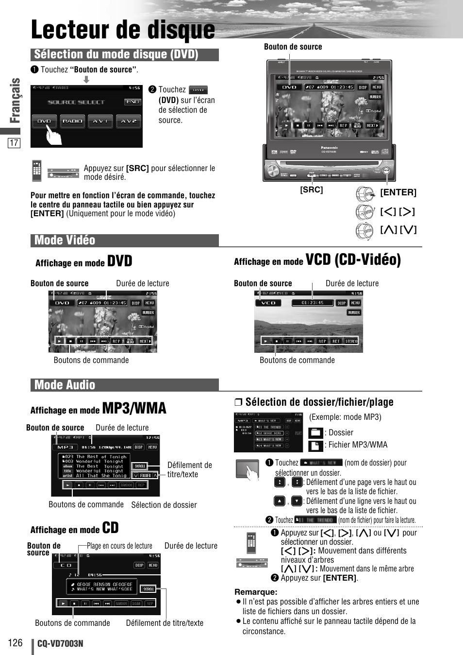 Lecteur de disque, Mp3/wma, Vcd (cd-vidéo) | Français, Mode vidéo, Mode audio, Sélection du mode disque (dvd), Sélection de dossier/fichier/plage | Panasonic CQVD7003N User Manual | Page 18 / 100