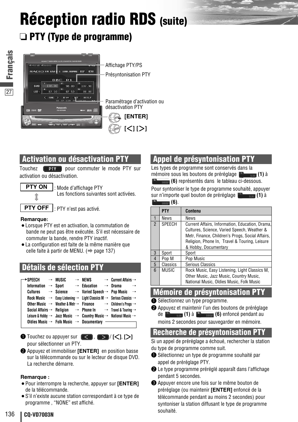 Réception radio rds, Suite), Pty (type de programme) | Français | Panasonic CQVD7003N User Manual | Page 28 / 100