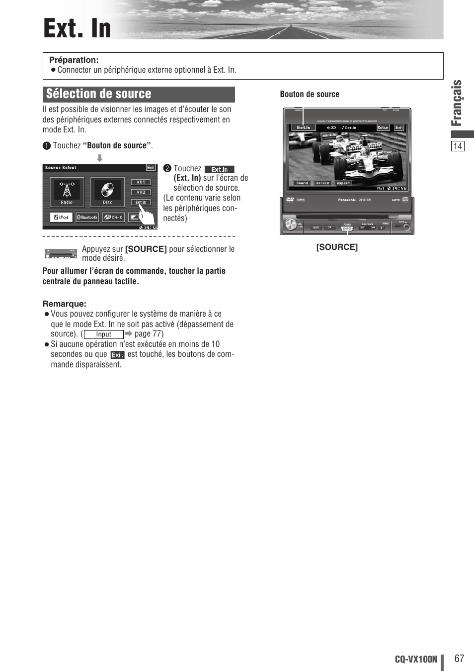 Ext. in, Français, Sélection de source | Cq-vx100n, Source | Panasonic CQVX100N User Manual | Page 15 / 28