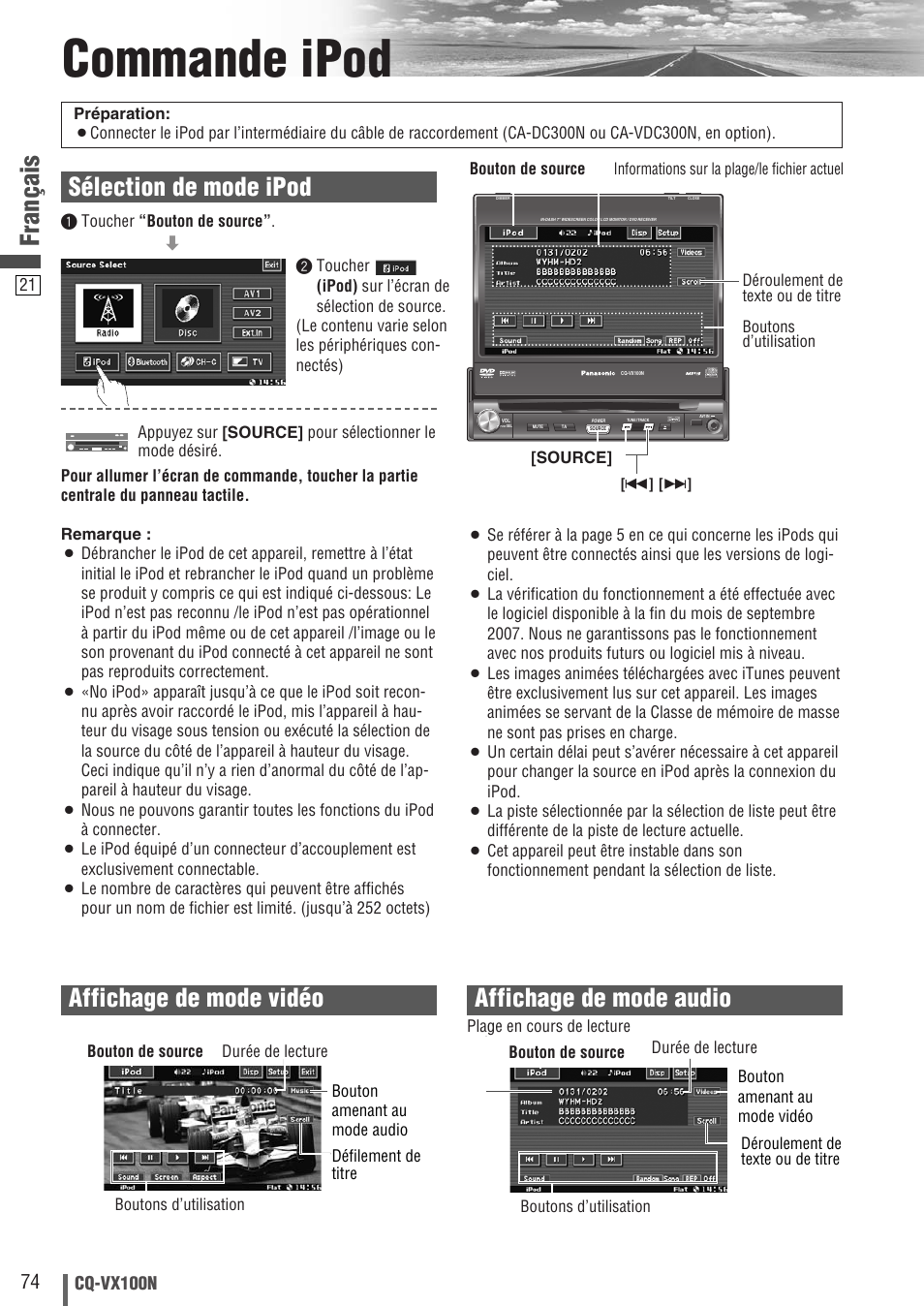 Commande ipod, Français, Sélection de mode ipod affichage de mode vidéo | Affichage de mode audio, Cq-vx100n | Panasonic CQVX100N User Manual | Page 22 / 28