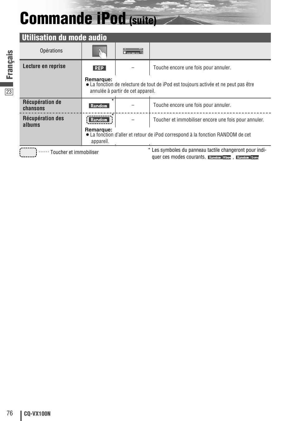 Commande ipod, Suite), Français | Utilisation du mode audio | Panasonic CQVX100N User Manual | Page 24 / 28