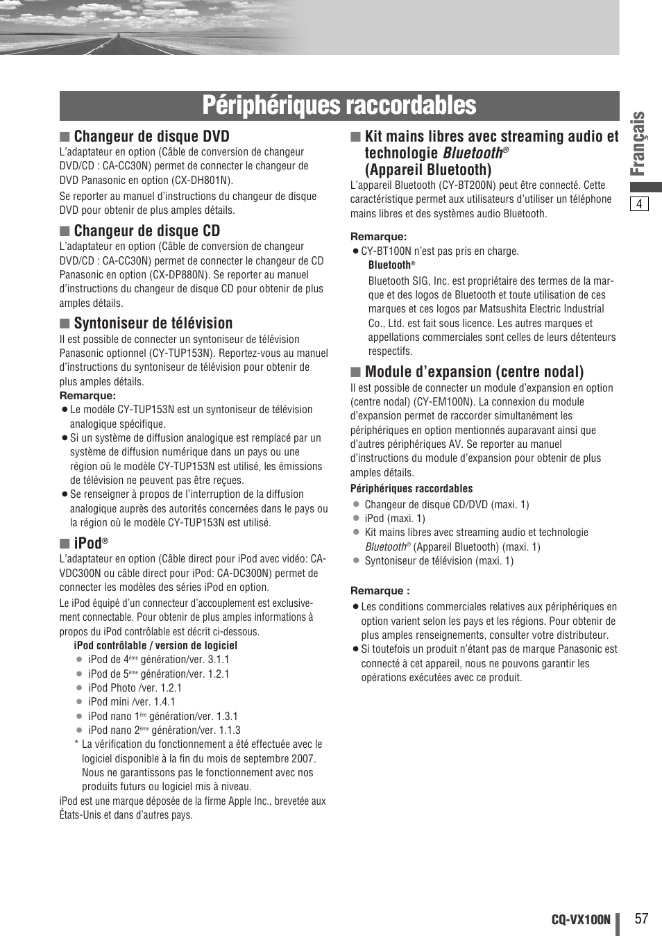 Périphériques raccordables, Français, Changeur de disque dvd | Changeur de disque cd, Syntoniseur de télévision, Ipod, Appareil bluetooth), Module d’expansion (centre nodal) | Panasonic CQVX100N User Manual | Page 5 / 28