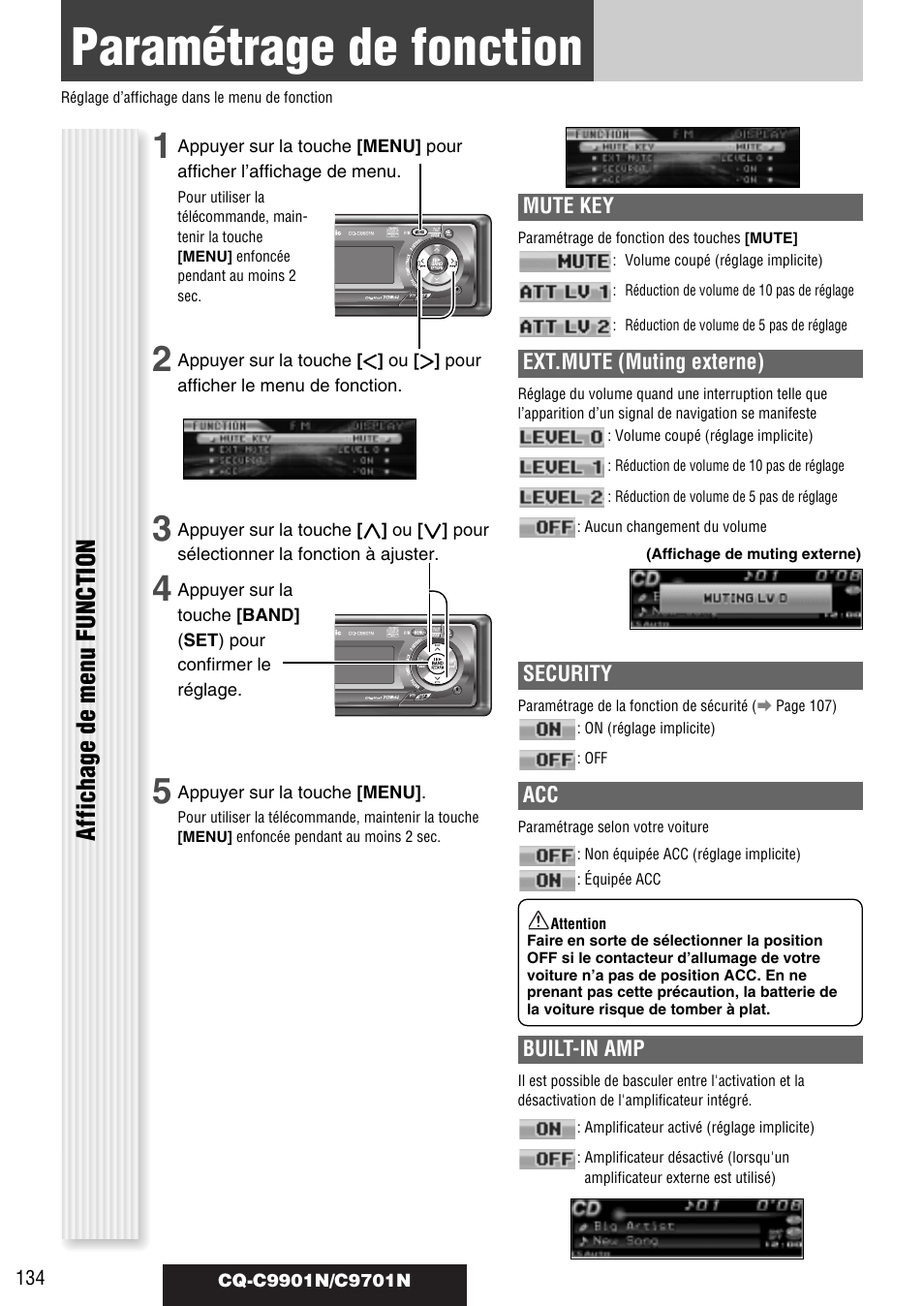 Paramétrage de fonction, Affichage de menu function | Panasonic CQC9701N User Manual | Page 38 / 52