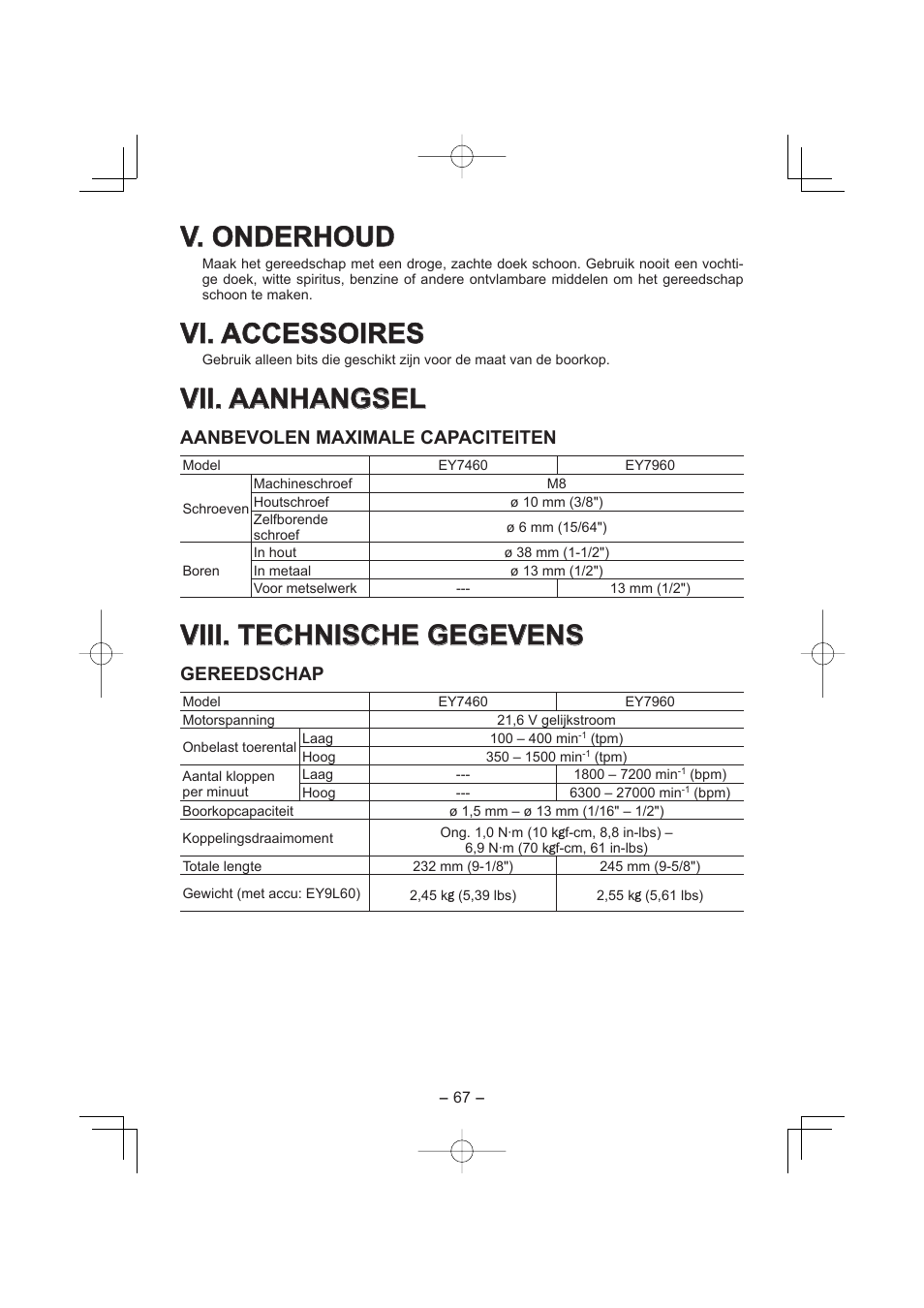 V. onderhoud, Vi. accessoires, Vii. aanhangsel | Viii. technische gegevens, Aanbevolen maximale capaciteiten, Gereedschap | Panasonic EY7960 User Manual | Page 67 / 152
