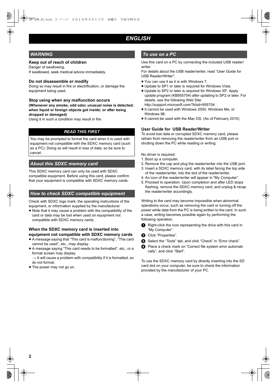 English | Panasonic RPSDW48GE1K User Manual | Page 2 / 34